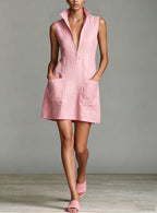 Linen Stand Collar Half Zip Sleeveless Pocket Mini Shift Dress