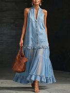 Halter Neck Denim & Tulle Tiered Maxi Dress