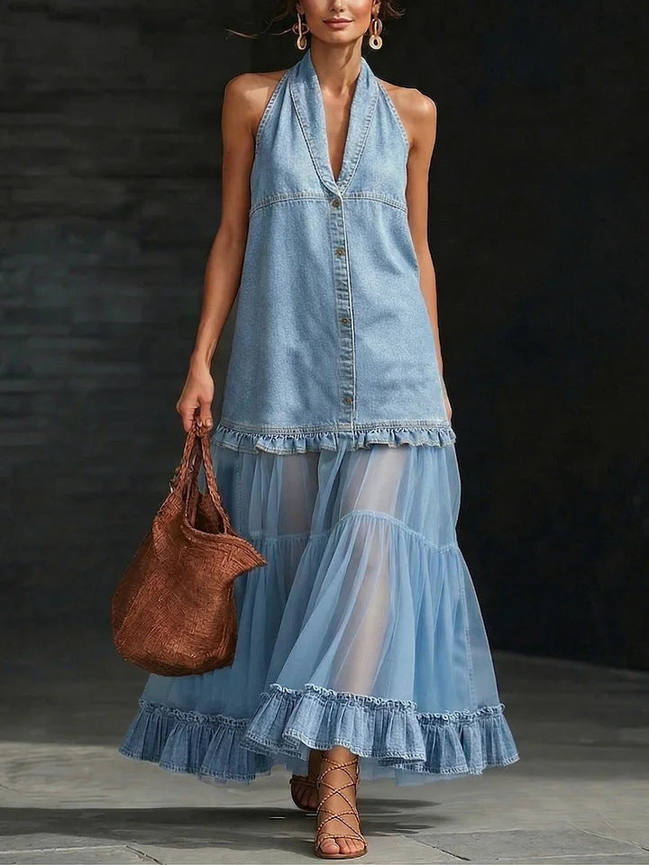 Halter Neck Denim & Tulle Tiered Maxi Dress