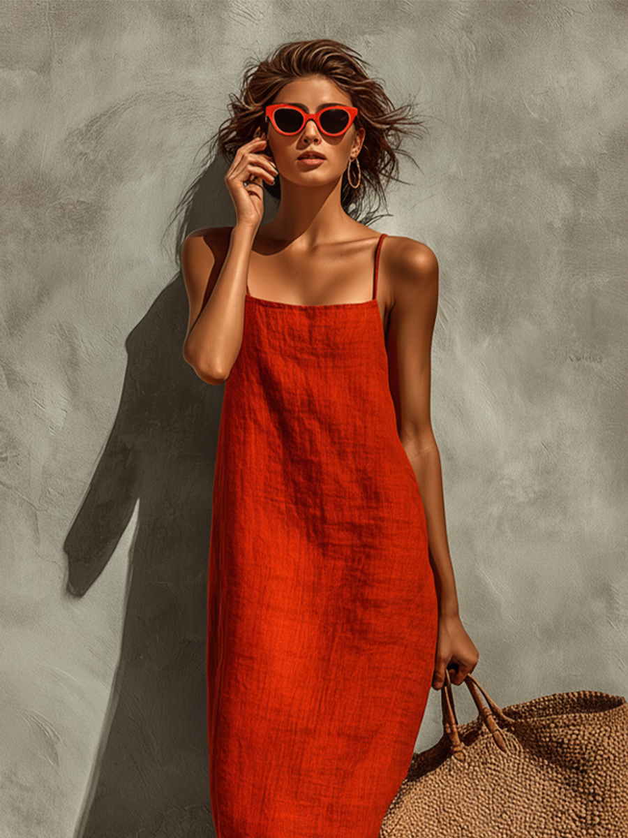 Women's Red Cotton Dress With Spaghetti Straps & Square Neck, Timeless Boho-Resort Style Dress