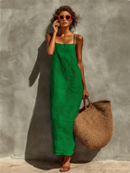 Women's Red Cotton Dress With Spaghetti Straps & Square Neck, Timeless Boho-Resort Style Dress