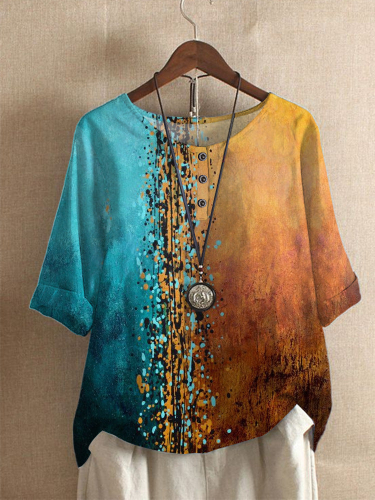 Floral Print Half‑Sleeve Crew Neck Blouse