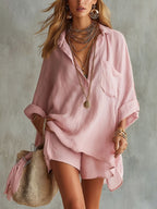 Fashion Cotton Linen Pocket Beach Shorts Shirt Suit
