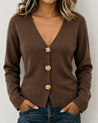 Women's V‑Neck Decorative Gold Button Long Sleeve Knit Cardigan