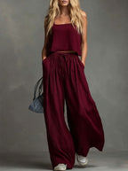 Solid Color Casual Cotton And Linen Suspender Tops Wide-Leg Pants Suit
