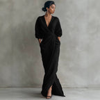 Women's Wrap‑Front Draped Linen Maxi Dress