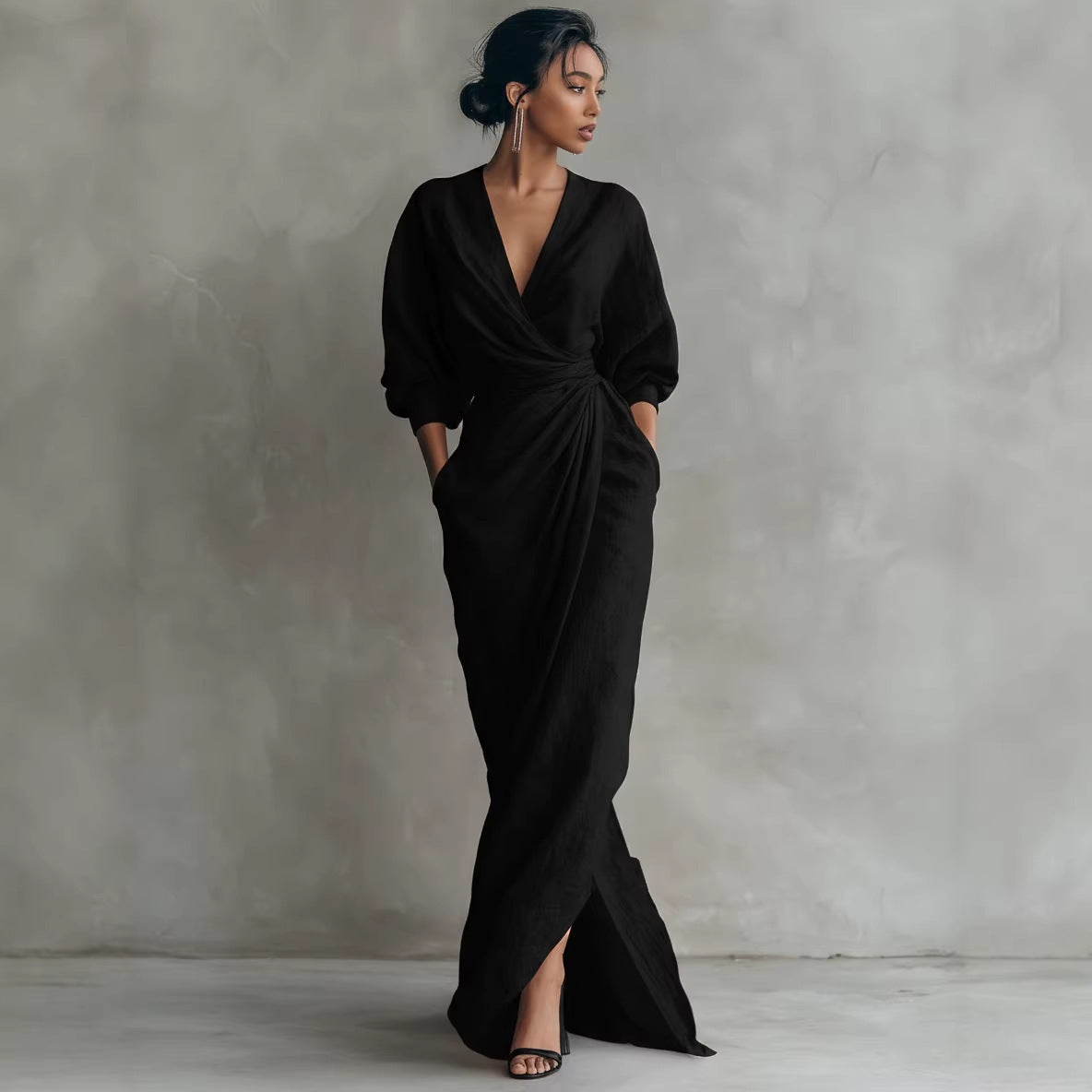 Women's Wrap‑Front Draped Linen Maxi Dress