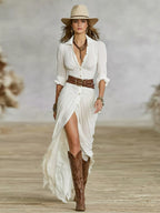 Long Belted Dress With Pleated Lapels