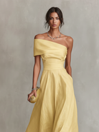 Yellow Linen Dress With One-Shoulder Neckline & Fitted Waist