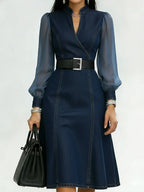 Belted Wrap V Neck Flared Hem Business Casual Dress