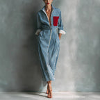 Women's Blue And White Cotton Blend Striped Shirt Dress With Red Chest Pocket