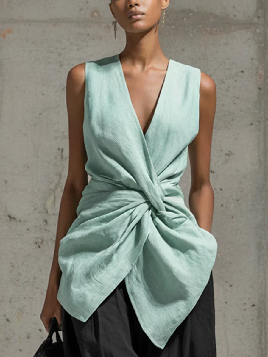 Twisted-waist V-neck Sleeveless Draped Top