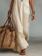 Women's Minimalist Linen Blend Embroidered Short-sleeved Shirt Maxi Dress