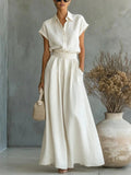 Cap Sleeve Collared Shirt & High Waist Wide Leg Pants Two Piece Set