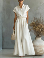 Cap Sleeve Collared Shirt & High Waist Wide Leg Pants Two Piece Set