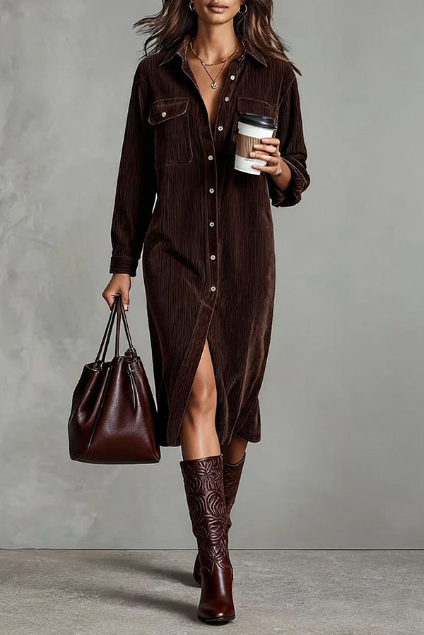 Solid Color Single-Breasted Pocket Casual Shirt-Style Midi Dress
