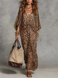 Women's Leopard Print Knot-Front Maxi Kaftan Dress - Flowy V-Neck Chiffon Cover-Up