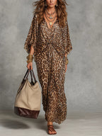Women's Leopard Print Knot-Front Maxi Kaftan Dress - Flowy V-Neck Chiffon Cover-Up