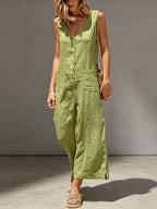 Buttoned Cotton And Linen Sleeveless Casual Wide-Leg Loose Jumpsuit With Pockets