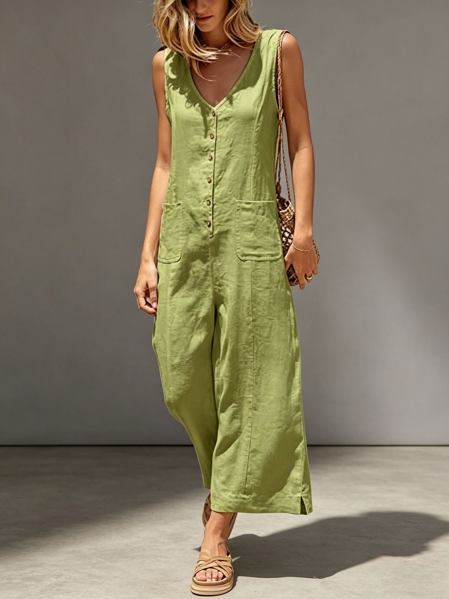 Buttoned Cotton And Linen Sleeveless Casual Wide-Leg Loose Jumpsuit With Pockets