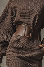 Solid Color Lantern Sleeve High Waist Belted Knitted Mini Dress