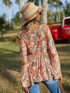 Orange Boho Women's Paisley Print Mesh Long Sleeve Tie Front Asymmetric top