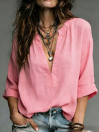 Textured Linen Blend Notch V Neck 3/4 Cuffed Sleeve Blouse