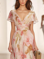 Pink Short Sleeve V-Neck Maxi Dress