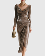 Velvet Draped Pleated Midi Dress