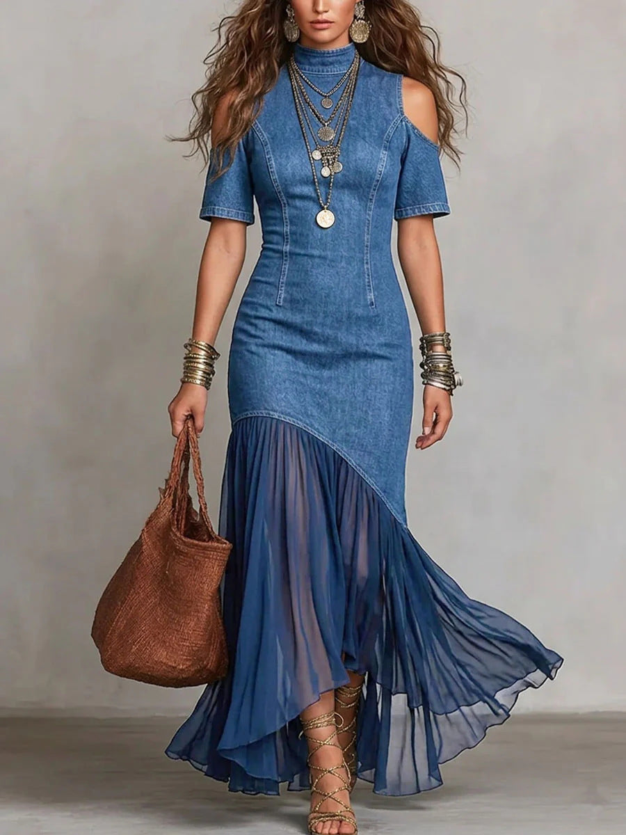 Off-Shoulder Mesh Hem Midi Dress – Slim Fit Short Sleeve Dress