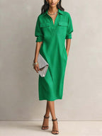 Utility Pocket Half Placket Midi Shirt Dress