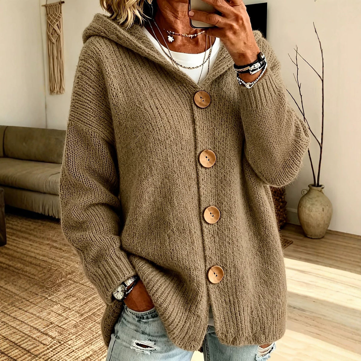 Oversized Hooded Button‑Front Long Sleeve Loose Fit Knit Cardigan With Pockets