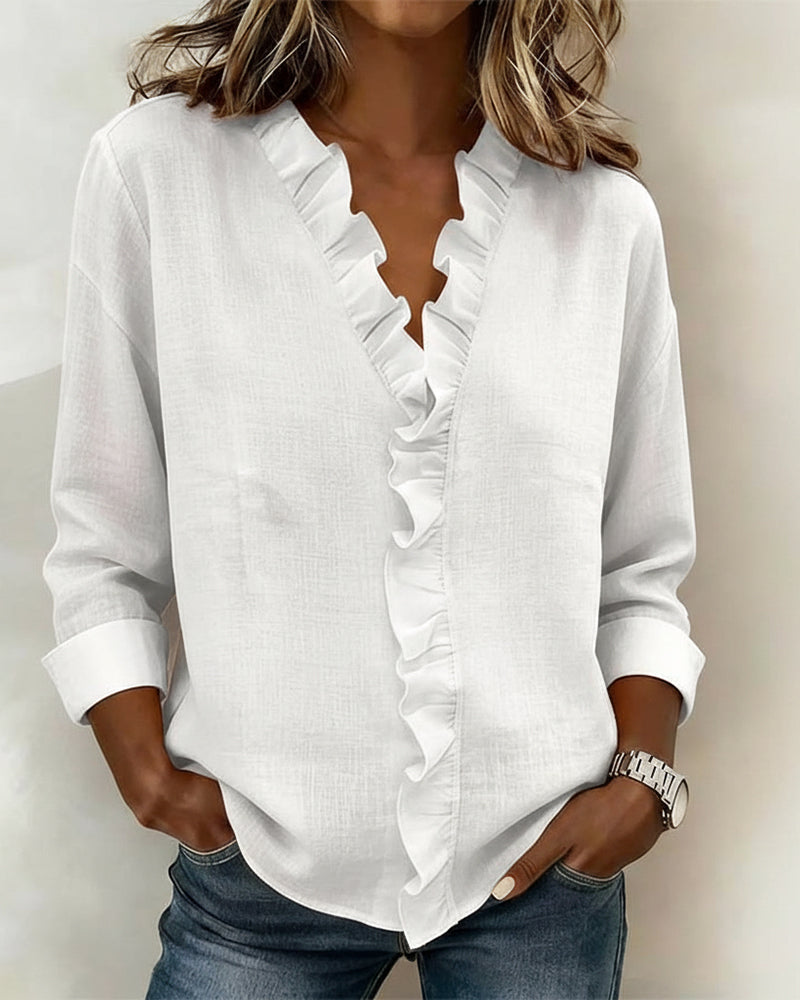Ruffle V-Neck Long-Sleeve Blouse