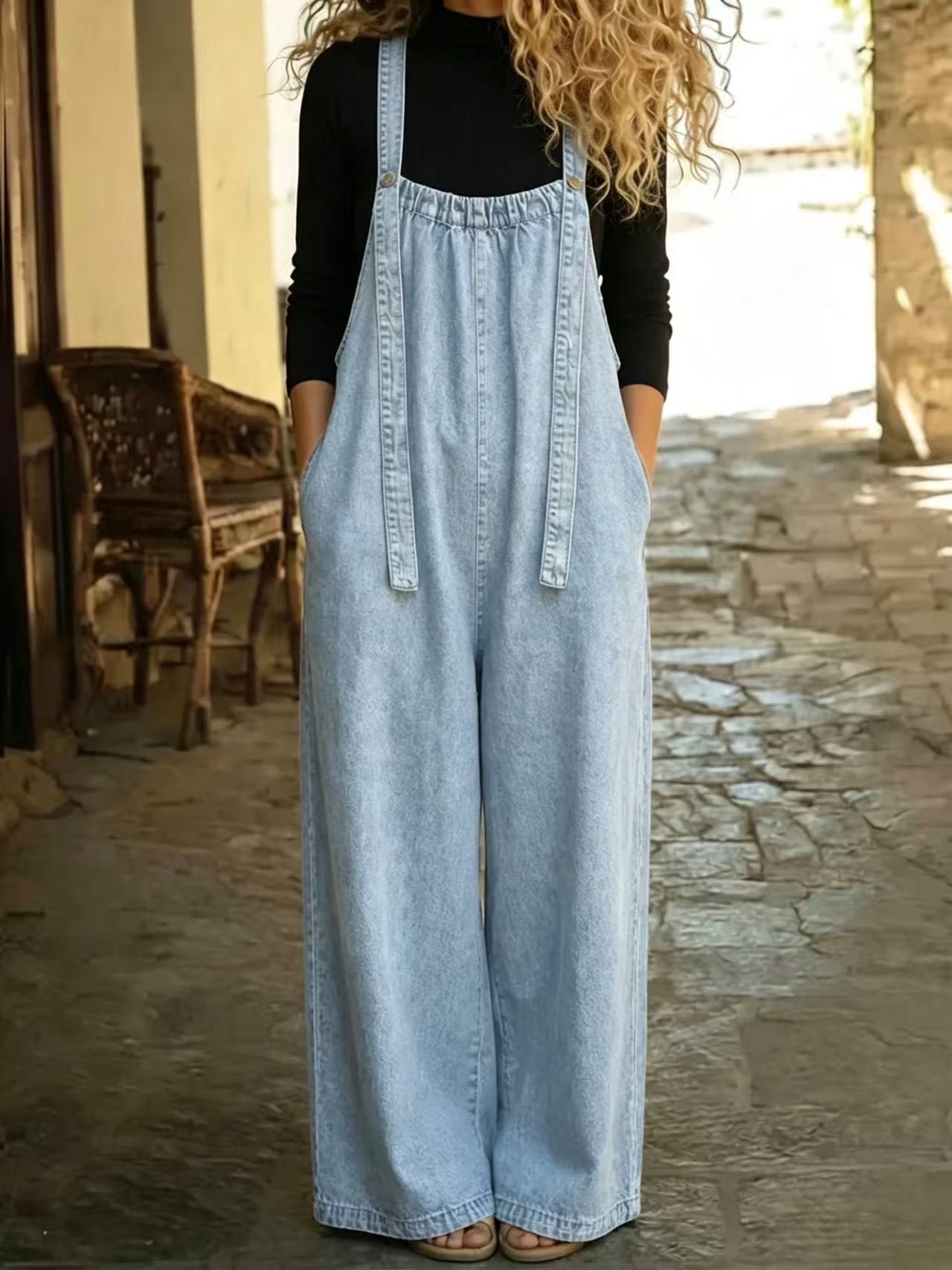 Vintage Washed Wide Leg Denim Overalls