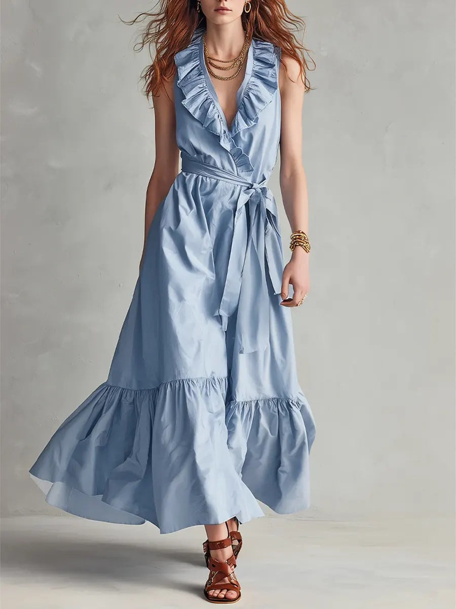 🌿 Ruffled V-Neck Wrap Maxi Dress