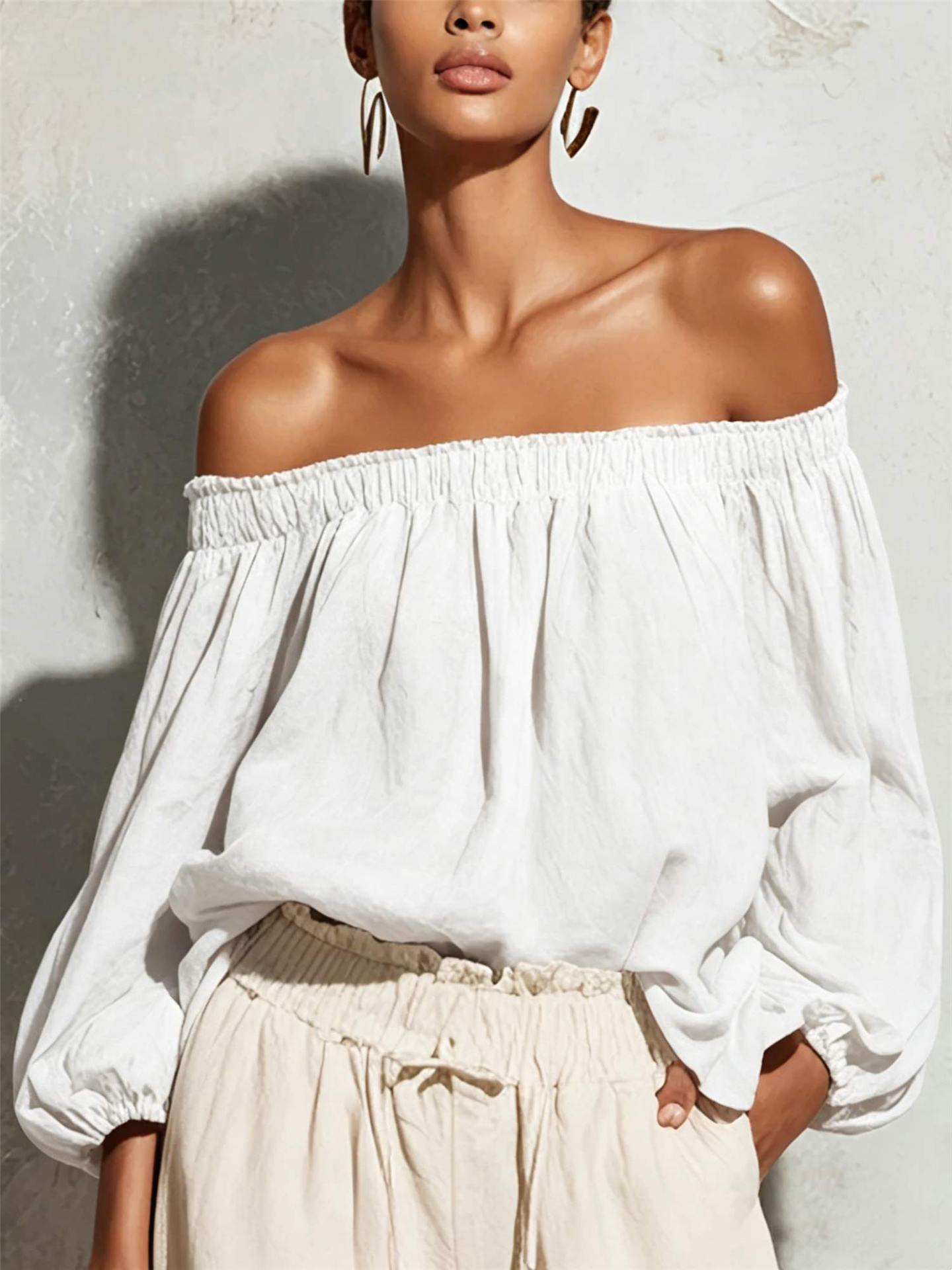 Women Off Shoulder Puff Bubble Sleeve Crinkled Casual Blouse
