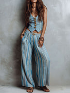 Boho Blue Striped Vest & Wide-Leg Pant Set