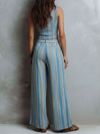 Boho Blue Striped Vest & Wide-Leg Pant Set