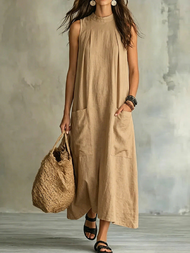 Loose Pocket Sleeveless Linen Blend Maxi Dress
