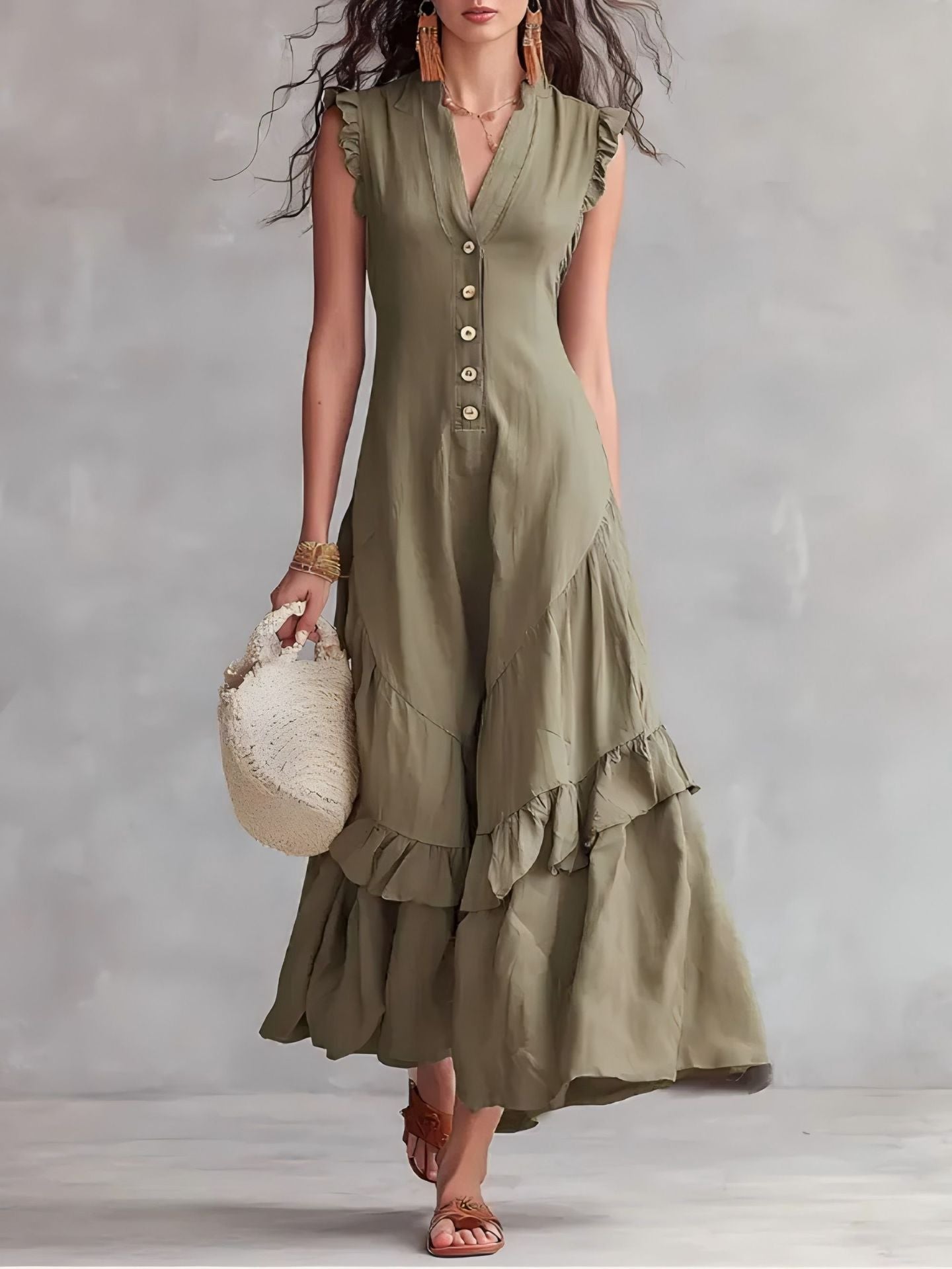 Sleeveless Ruffled V-Neck Maxi Dress