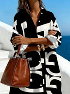 Color-Block Letter Print Loose Long-Sleeve Dress