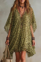 Loose-fitting, Flowy V-neck Leopard Print Chiffon Dress