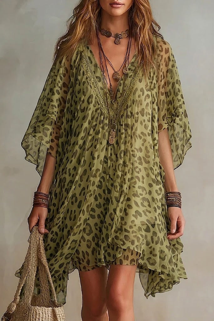 Loose-fitting, Flowy V-neck Leopard Print Chiffon Dress