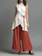 Color-block Stand-collar Lace-up Sleeveless Top + High-waisted Wide-leg Pants Cotton-linen Set