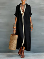 Loose Short Sleeves Buttoned Pockets Split-Joint Lapel Maxi Dresses