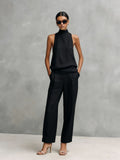 Women's Elegant Cotton And Linen Round-neck Sleeveless Top And Trousers Set