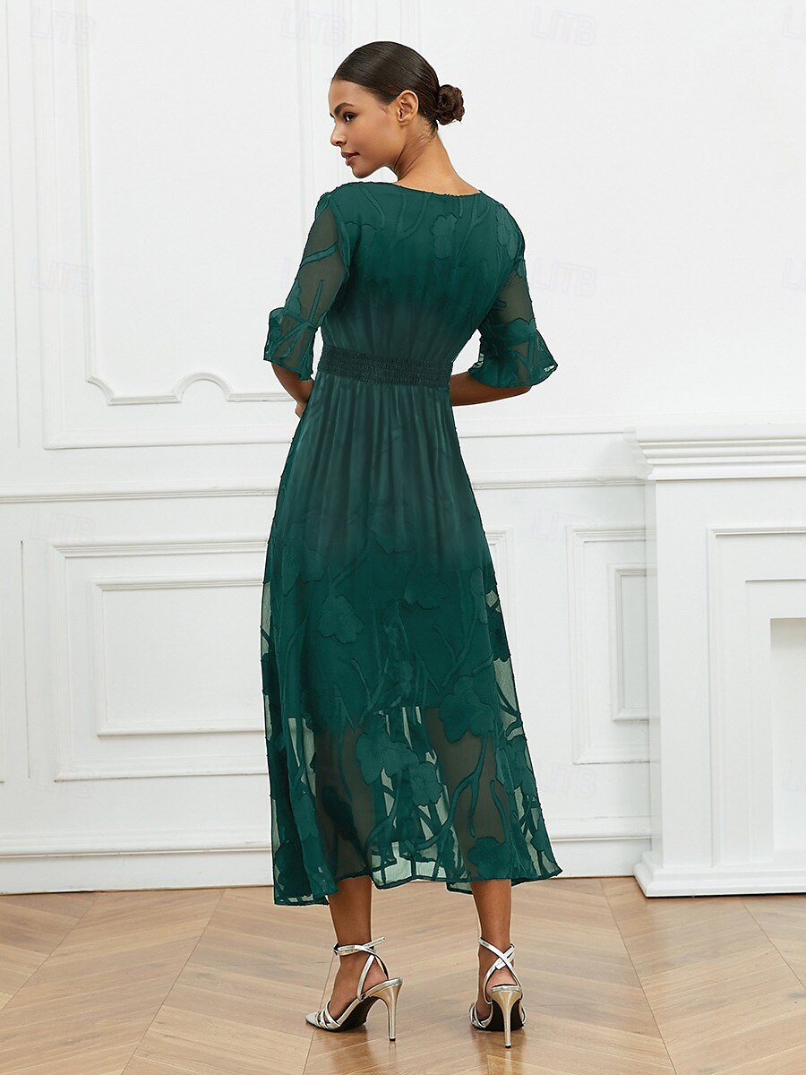 Sheer Sleeve V-Neck Floral Dress