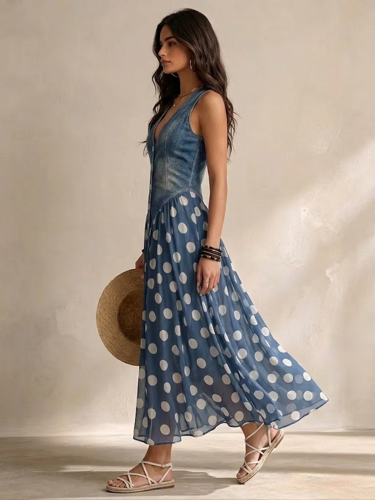 Stylish Casual Sleeveless Denim Dress With Polka-dot Chiffon Paneling