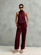 Women's Elegant Cotton And Linen Round-neck Sleeveless Top And Trousers Set