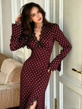 Women Polka‑Dot Lace Trim Long Sleeve Midi Dress